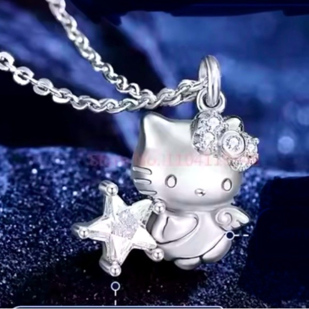 COPY - 925 Sterling Silver Hello Kitty Angel Holding Diamond Star Pendant Neck… - Picture 2 of 8